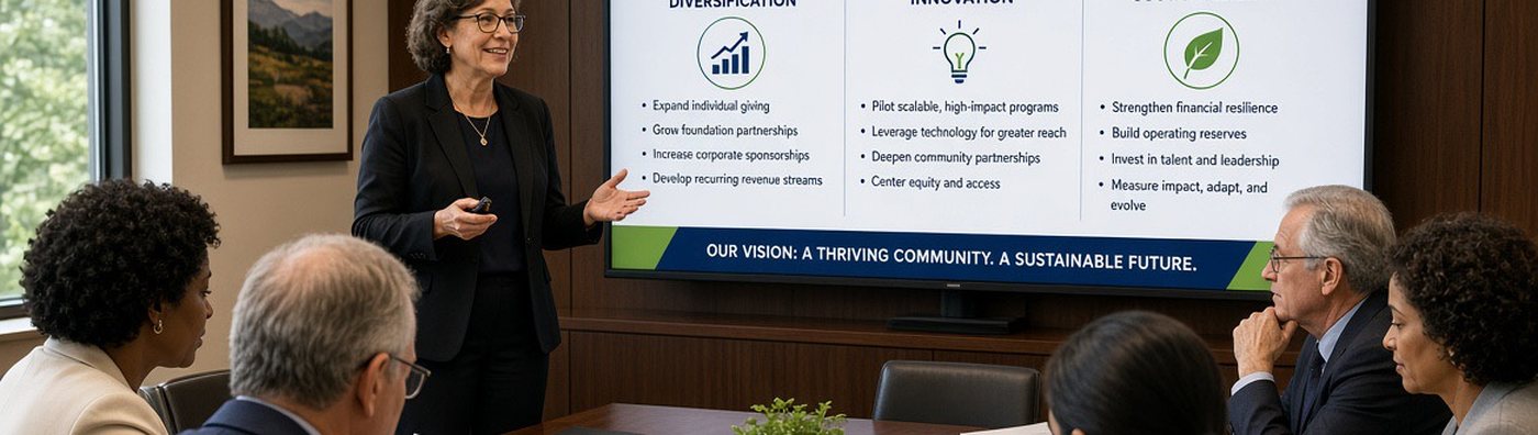 Association leaders reviewing a multi-year strategic plan during a board presentation