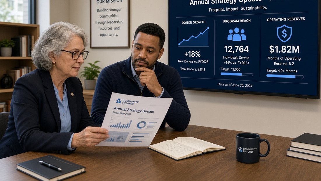 Two association executives reviewing membership and revenue figures on screen