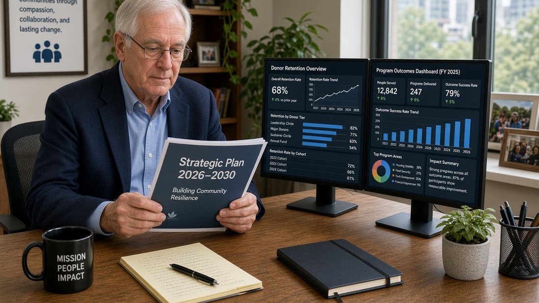 Nonprofit executive reviewing donor retention and program outcome dashboards
