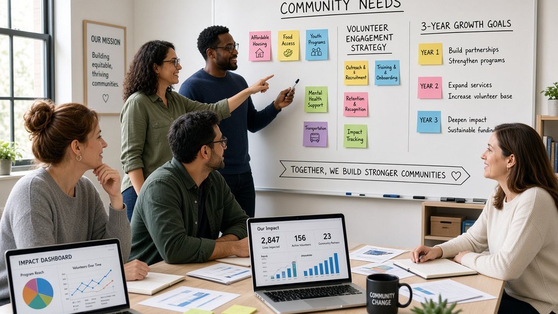 Nonprofit team mapping priorities at a whiteboard during a planning session