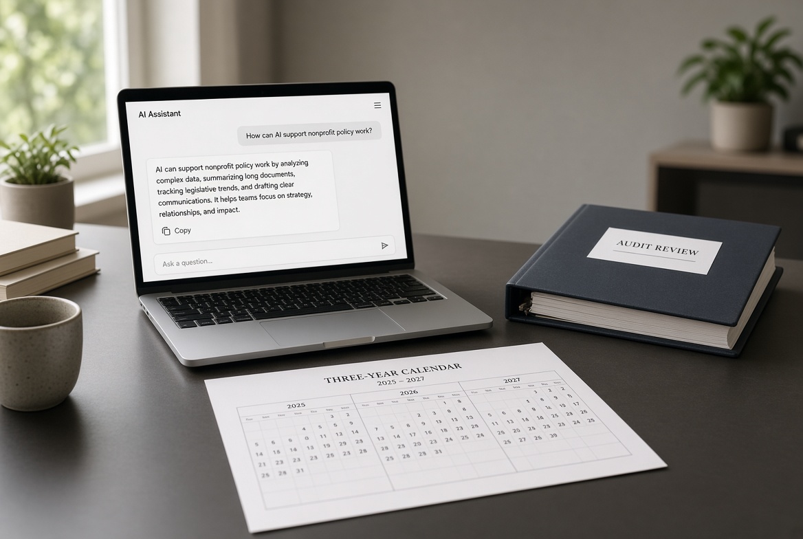 A laptop showing an AI assistant conversation beside an audit review binder and a printed three-year calendar