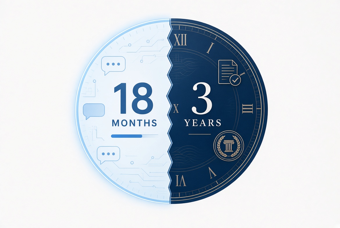 A single clock face split down the middle. The left half is pale and marked eighteen months with chat bubbles and circuitry, the right half is navy and marked three years with a document seal and a courthouse column.