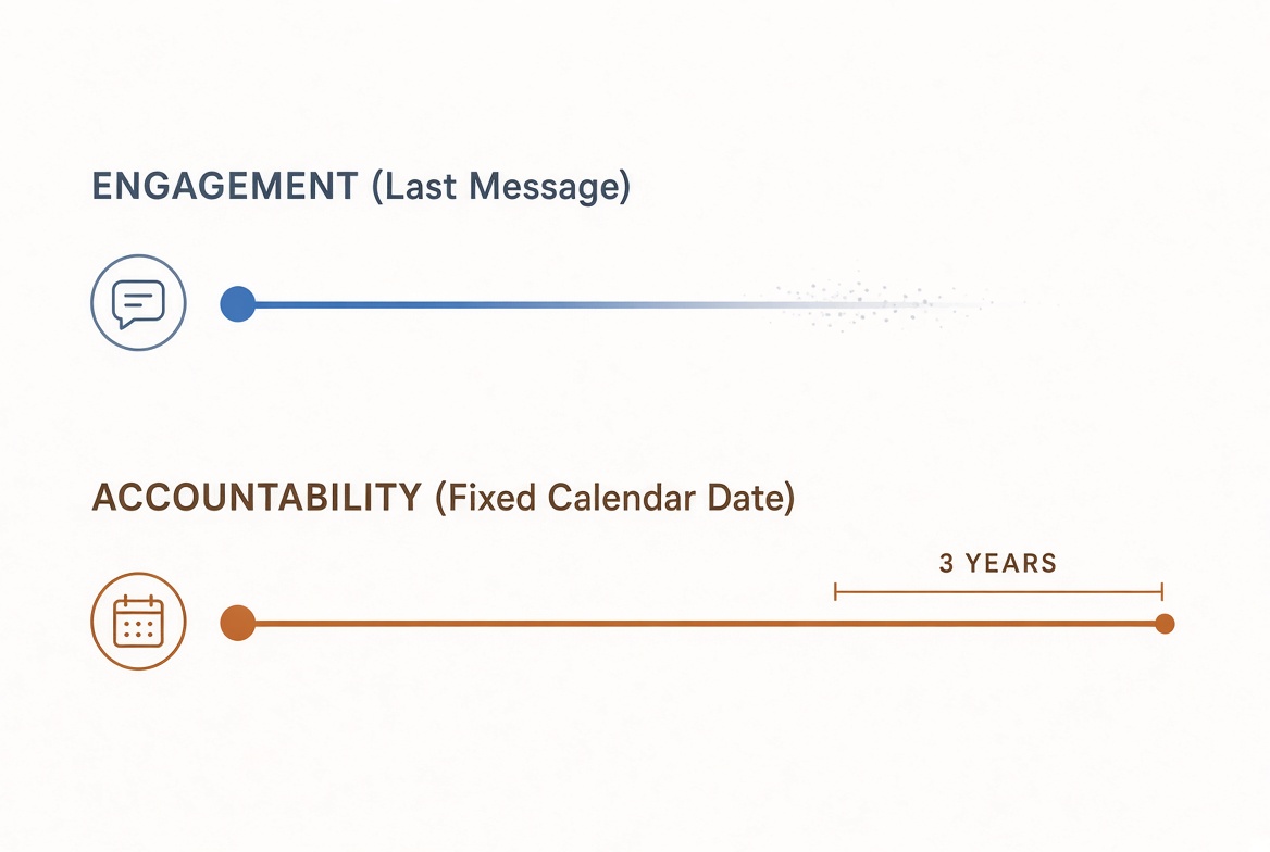 Two timelines. The engagement timeline, measured from the last message, fades and dissolves. The accountability timeline runs a fixed three years to a defined endpoint.
