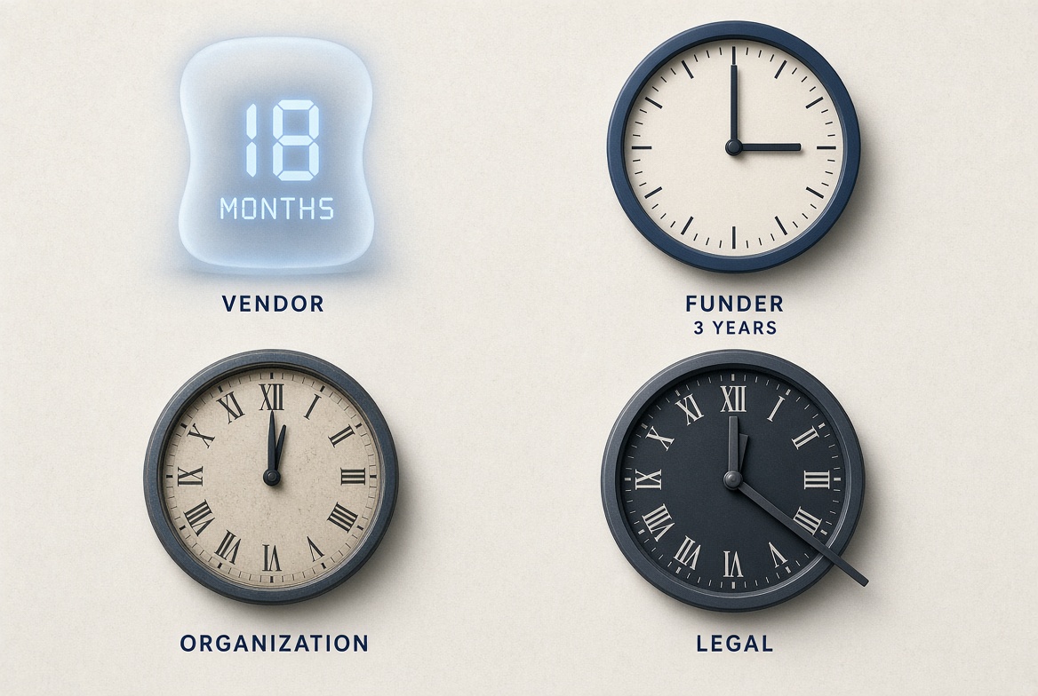 Four clocks labeled vendor, funder, organization and legal. The vendor clock is a dissolving digital display reading eighteen months, the funder clock reads three years.