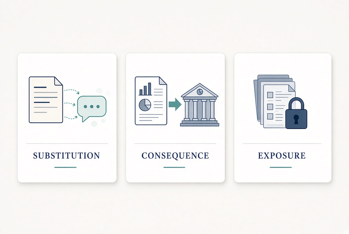 Three cards labeled substitution, consequence and exposure, illustrated with a document becoming a chat bubble, a report flowing to an institution, and a stack of files behind a padlock.